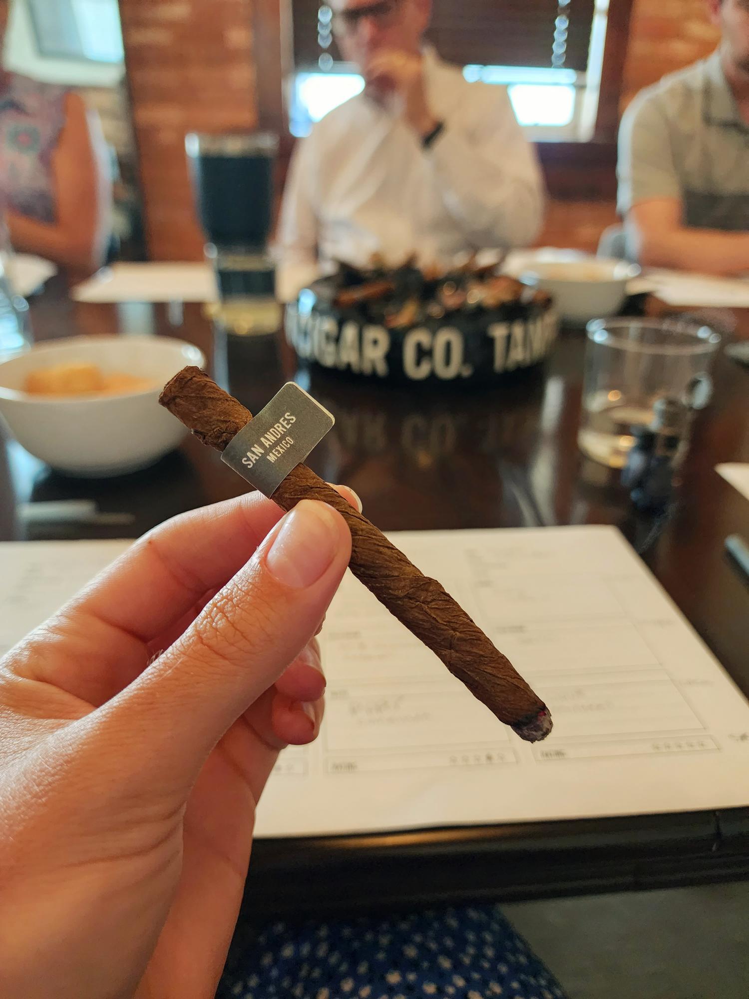 tobacco tasting class person holding a purito cigar for a tobacco tasting class