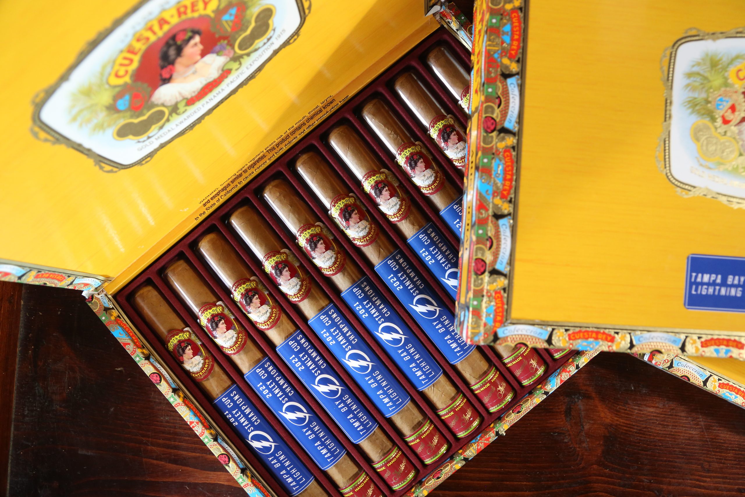 Open Box of 10 Cuesta Rey cigars in tubes with tampa bay lightning stanley cup champion custom labels